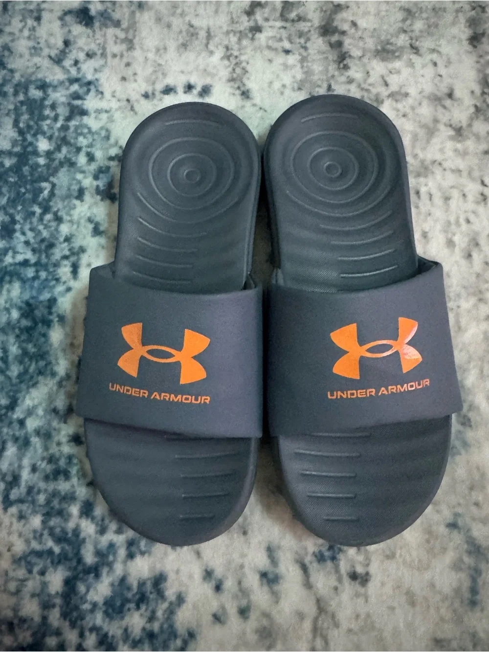 Under Armour Grey Slide Sandals with Orange Logo Accents